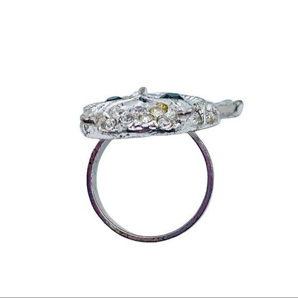 Owl Silvertone Rhinestone Ring Size 6 - Picture 6 of 8